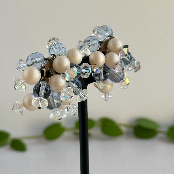 Vintage Blue & Ivory Cha Cha Cluster Clip-On Earrings with AB Faceted Beads - Picture 3 of 7